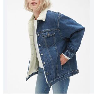 GAP Denim Sherpa Icon Jean Jacket Oversized XSP Trucker Warm Jean $118 retail